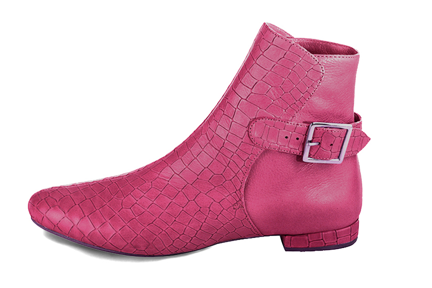 Fuschia pink women's ankle boots with buckles at the back. Round toe. Flat block heels. Profile view - Florence KOOIJMAN